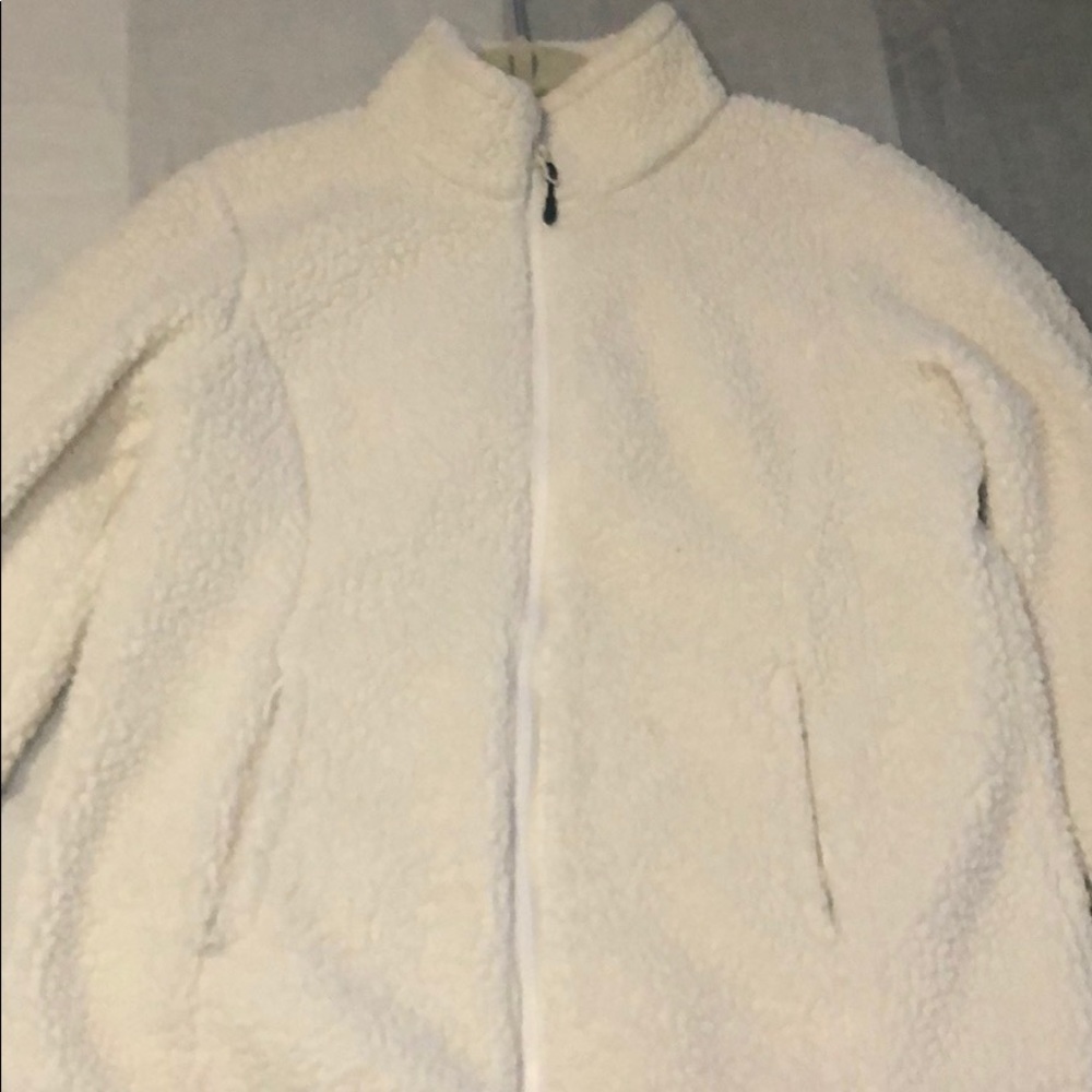 white teddy jacket with zipper and pockets